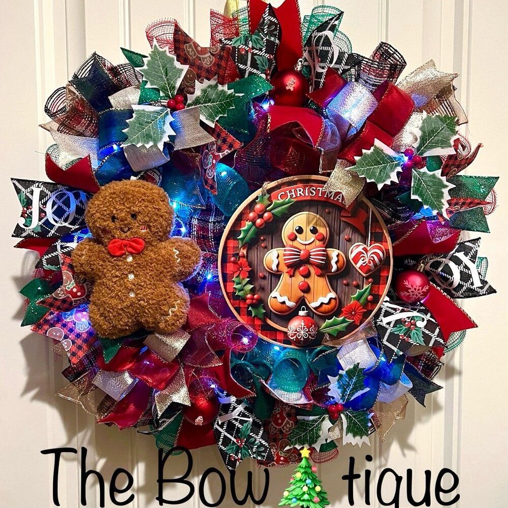 Handmade Christmas Gingerbread Holiday Ribbon Door Wreath 22 ins W79